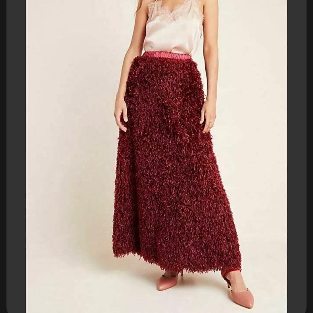Anthropologie Chantal Feathered Maxi Skirt | Size XS | Color: Wine